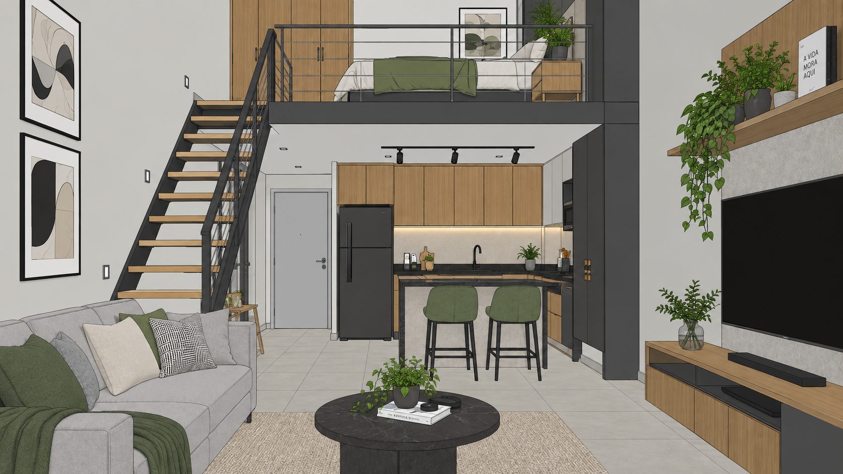 Projeto do loft antes do render: sala, escada, mezanino e cozinha em traço de projeto