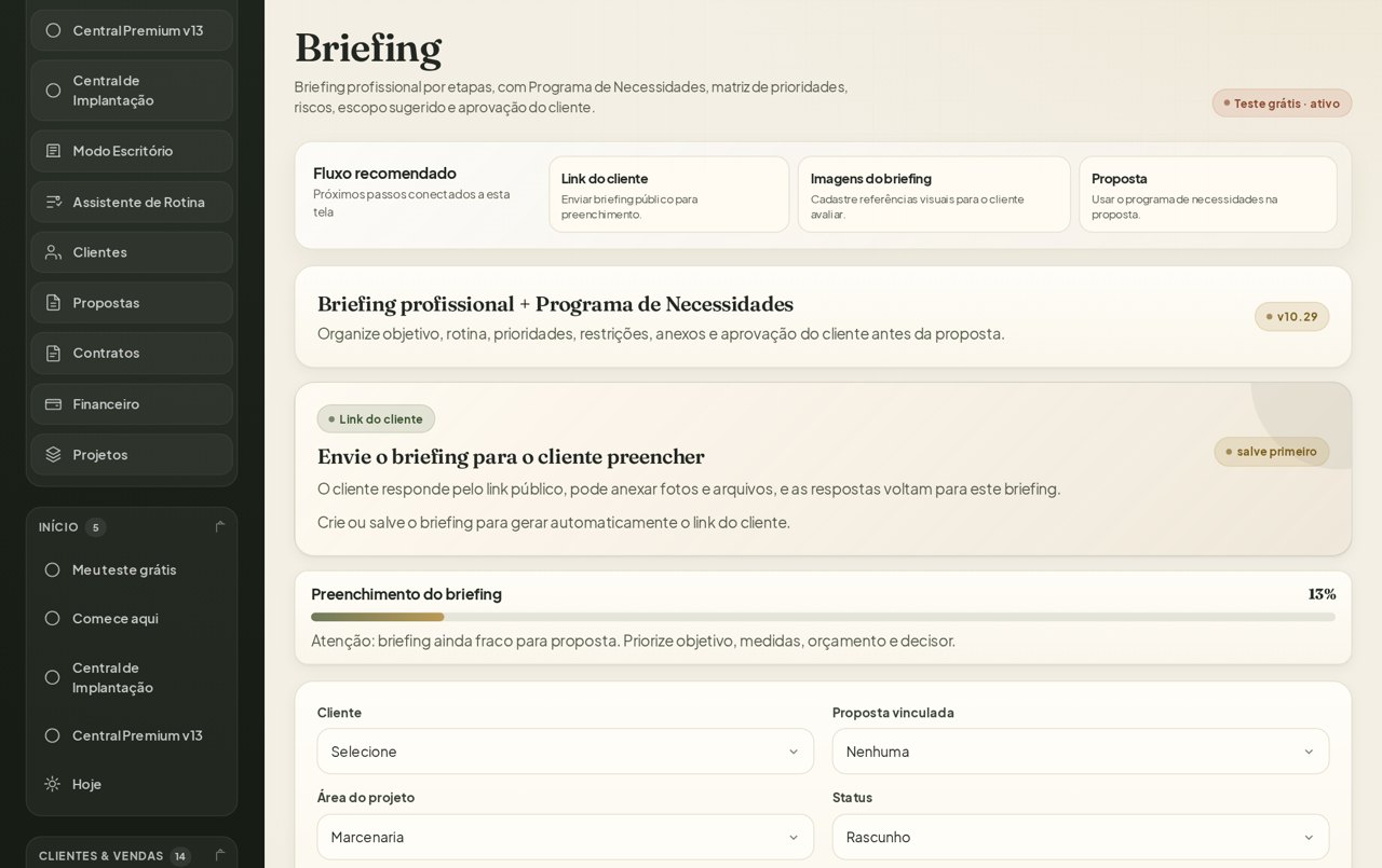 Tela de briefing do Studio Interiores Pro